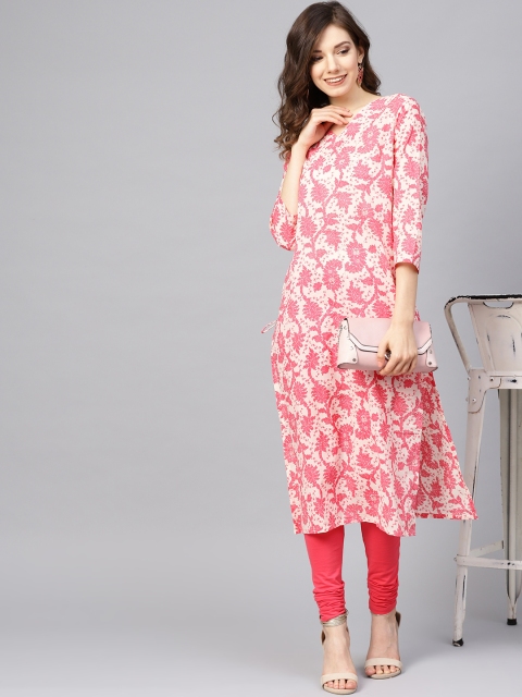 

AHIKA Women Off-White & Pink Printed Straight Kurta