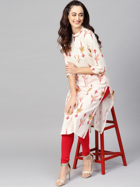 

AHIKA Women Off-White & Pink Printed Straight Kurta