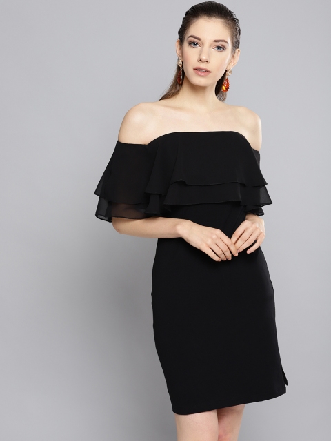 

Besiva Women Black Off Shoulder Solid Sheath Dress