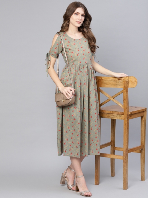 

AASI - HOUSE OF NAYO Women Grey & Red Floral Print A-Line Dress