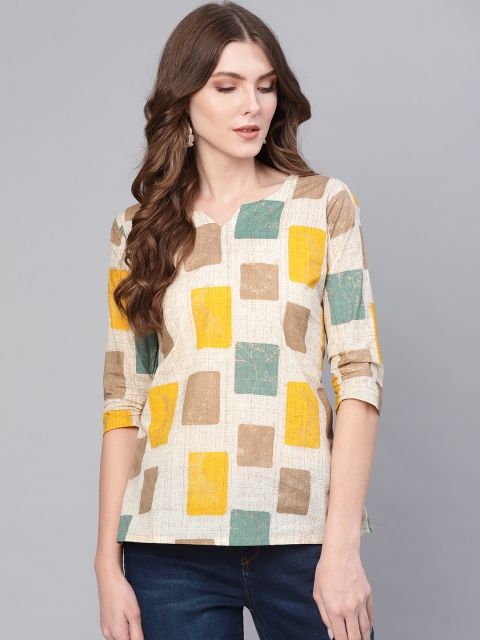

AASI - HOUSE OF NAYO Women Off-White & Mustard Yellow Printed Top