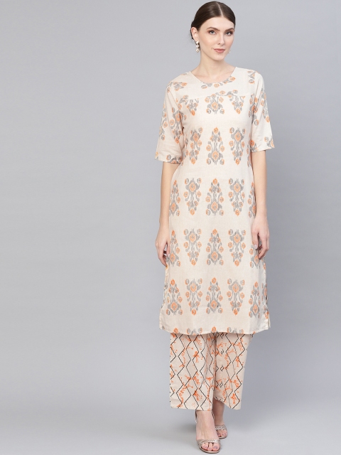 

AASI - HOUSE OF NAYO Women Off-White & Orange Printed Kurta with Palazzos