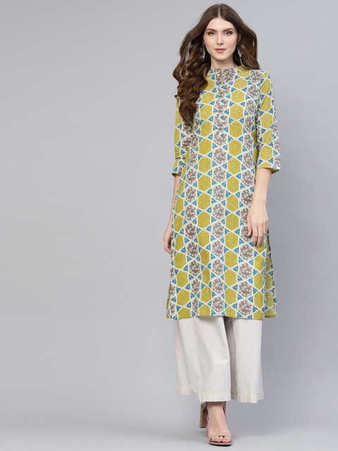 

AASI - HOUSE OF NAYO Women Green & Grey Printed Straight Kurta