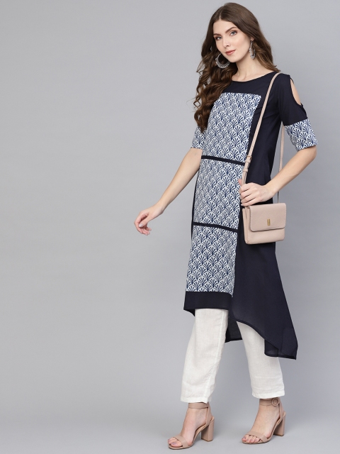 

AASI - HOUSE OF NAYO Women Navy Blue & White Printed Cold-Shoulder A-Line Kurta
