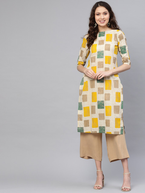 

AASI - HOUSE OF NAYO Women Off-White & Mustard Yellow Printed Straight Kurta
