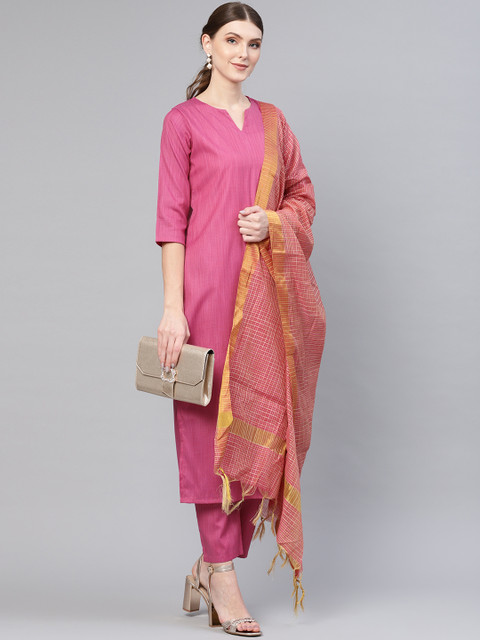 

AASI - HOUSE OF NAYO Women Pink & Golden Solid Kurta with Trousers & Dupatta