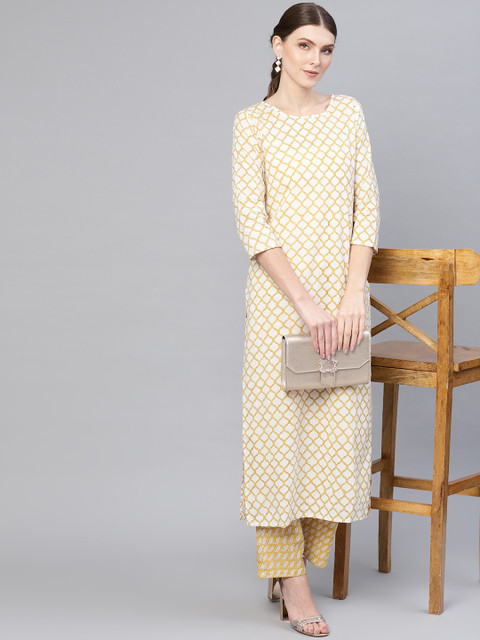 

AASI - HOUSE OF NAYO Women Off-White & Yellow Printed Kurta with Trousers