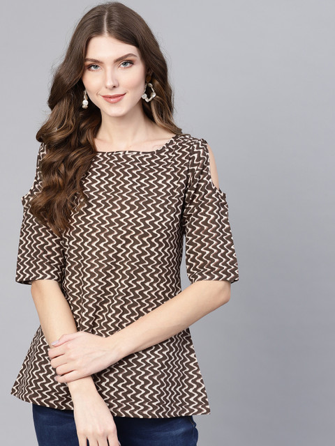 

AASI - HOUSE OF NAYO Women Brown & Beige Printed Pure Cotton Top