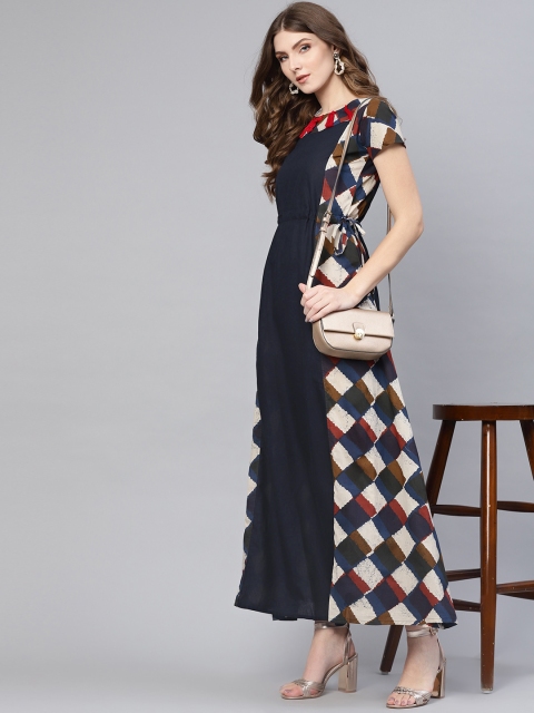 

AASI - HOUSE OF NAYO Women Navy Blue & Off-White Printed Maxi Dress