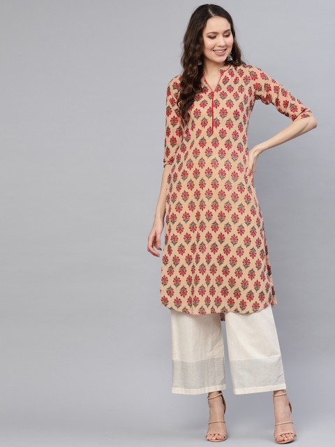 

AASI - HOUSE OF NAYO Women Beige & Red Floral Print Straight Kurta