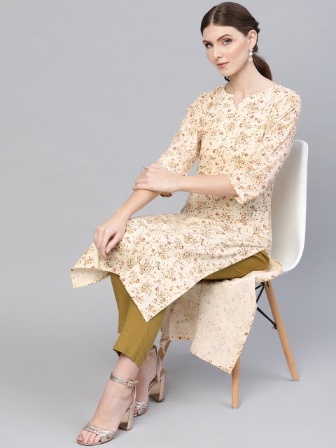 

AASI - HOUSE OF NAYO Women Cream-Coloured & Olive Green Printed Kurta with Trousers
