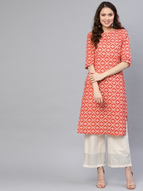 

AASI - HOUSE OF NAYO Women Red & Off-White Printed Straight Kurta