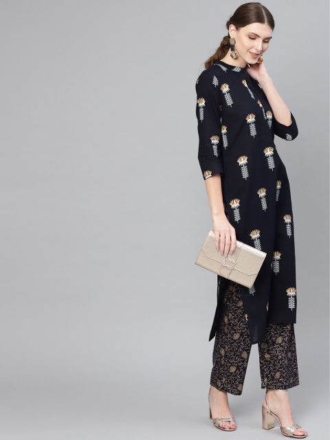 

AASI - HOUSE OF NAYO Women Navy Blue & Golden Printed Kurta with Trousers