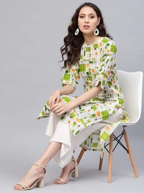 

AASI - HOUSE OF NAYO Women Off-White & Green Printed Straight Kurta