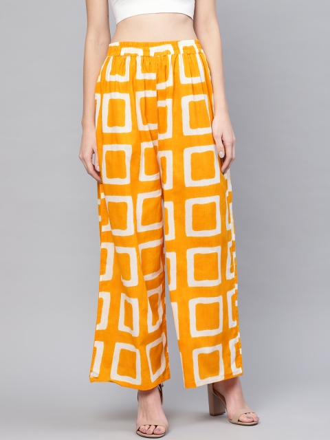 

AASI - HOUSE OF NAYO Women Mustard Yellow & Off-White Printed Wide Leg Palazzos