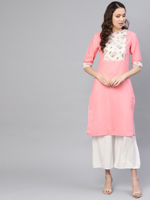 

AASI - HOUSE OF NAYO Women Pink & White Yoke Design Straight Kurta