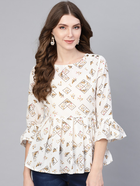 

AASI - HOUSE OF NAYO Women White & Brown Printed A-Line Top