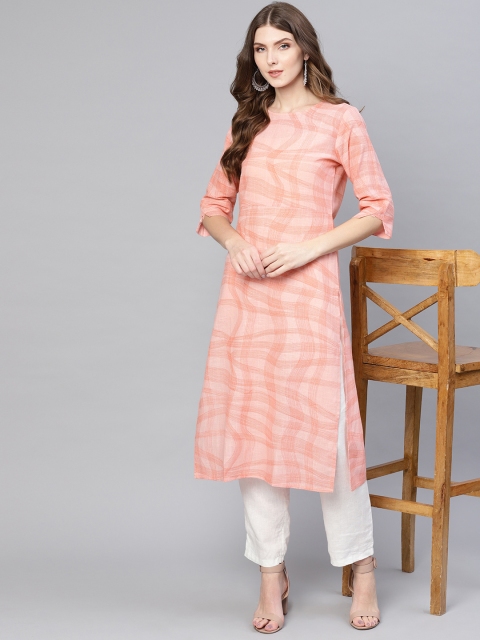 

AASI - HOUSE OF NAYO Women Peach-Coloured Printed Straight Kurta