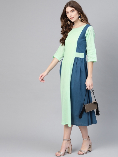

AASI - HOUSE OF NAYO Women Sea Green & Navy Blue Colourblocked A-Line Dress