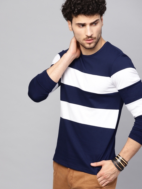 

Seven Rocks Men Navy Blue & White Striped Round Neck T-shirt