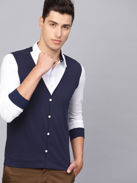 

Seven Rocks Men Navy Blue & White Knitted Slim Fit Colourblocked Casual Shirt