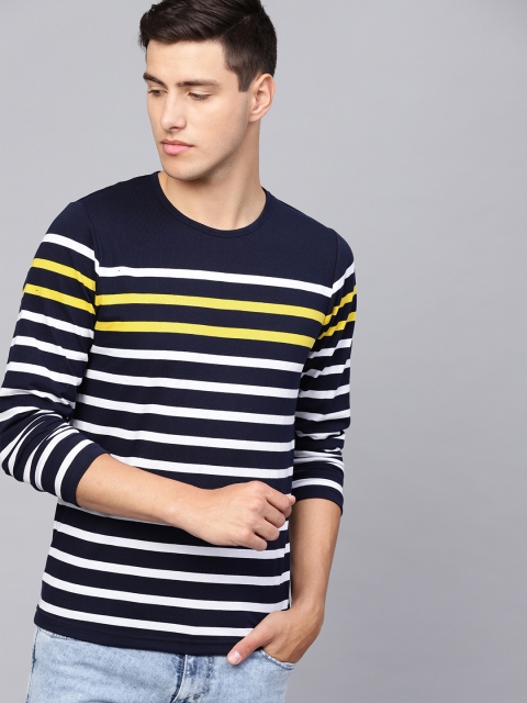 

Seven Rocks Men Navy Blue & White Slim Fit Striped Round Neck T-shirt