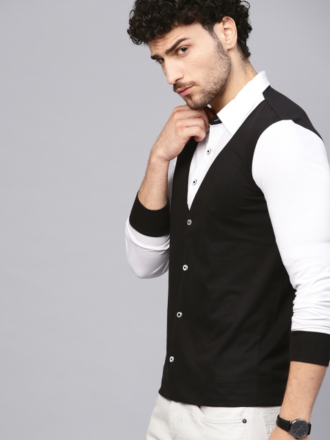 

Seven Rocks Men Black & White Knitted Slim Fit Colourblocked Casual Shirt