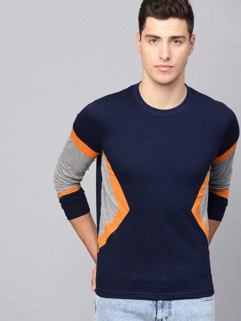

Seven Rocks Men Navy Blue & Grey Melange Colourblocked Round Neck T-shirt