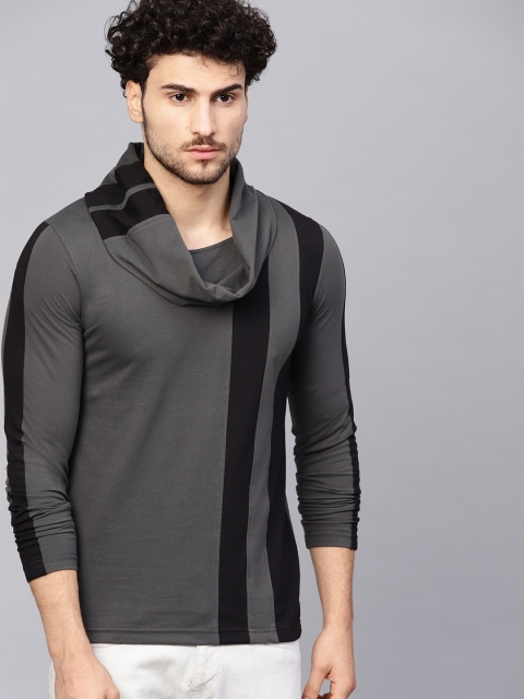 

Seven Rocks Men Charcoal Grey & Black Slim Fit Striped Cowl Neck T-shirt