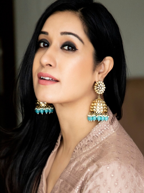 

Rubans Gold-Plated & Blue Dome Shaped Kundan Handcrafted Jhumkas