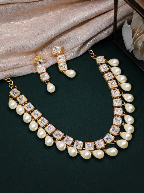 

Rubans Women Gold-Plated & White Kundan & Pearl Handcrafted Jewellery Set