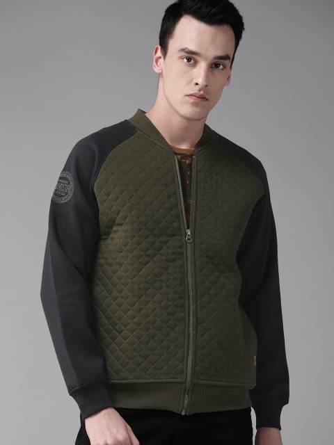 

Roadster Men Olive Green Solid Sweatshirt with Quilted Detail