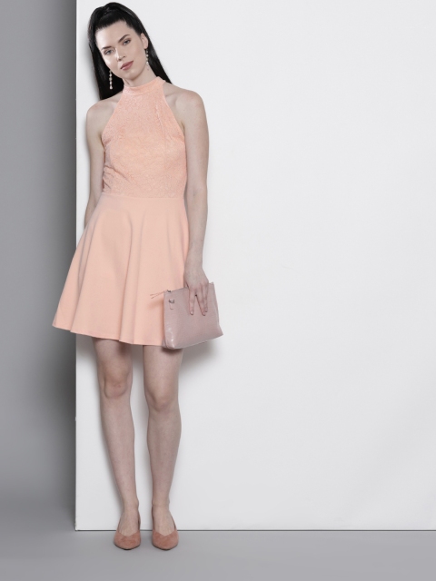 

DOROTHY PERKINS Women Peach-Coloured Lace Insert Fit & Flare Dress
