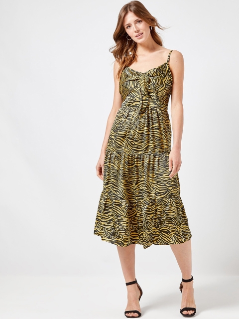 

DOROTHY PERKINS Women Mustard Yellow & Black Animal Satin Finish Printed A-Line Dress