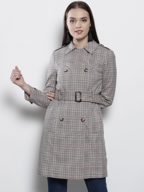 

DOROTHY PERKINS Women Beige & Brown Petite Double-Breasted Checked Coat
