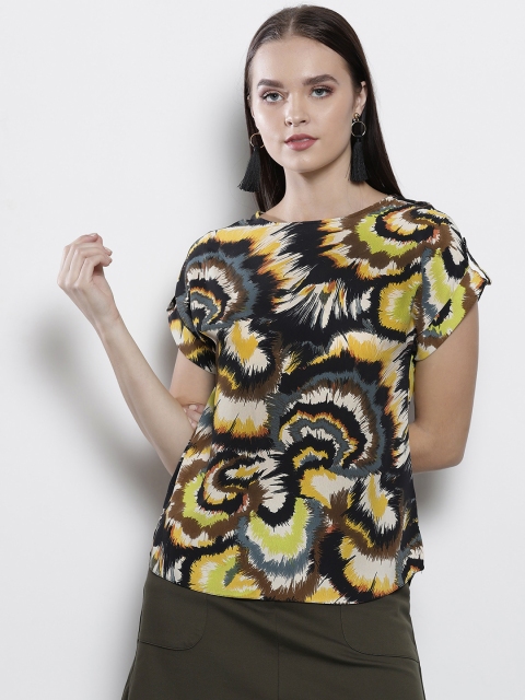 

DOROTHY PERKINS Women Black & Lime Green Printed High-Low Top