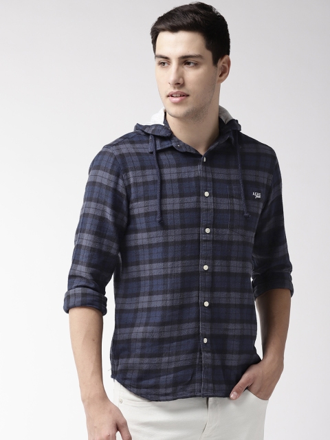 

Aeropostale Men Navy Blue & Charcoal Grey Checked Casual Shirt with Detachable Hood