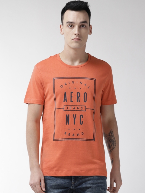 

Aeropostale Men Peach-Coloured & Navy Blue Printed Round Neck T-shirt