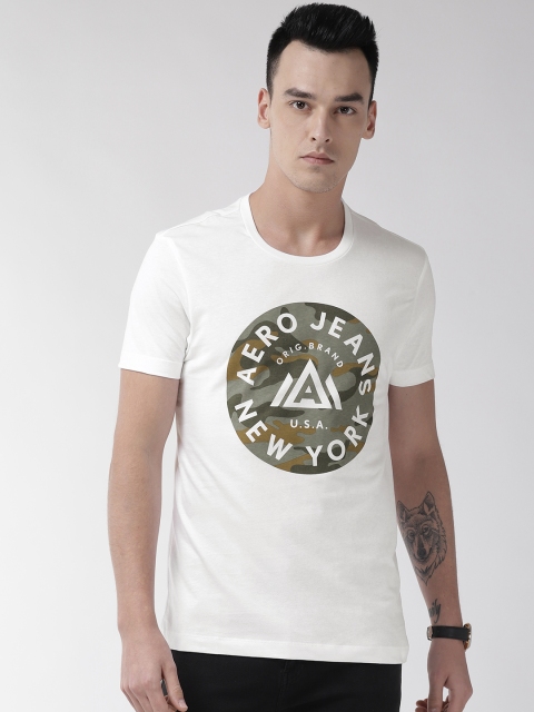 

Aeropostale Men White & Olive Green Printed Round Neck T-shirt