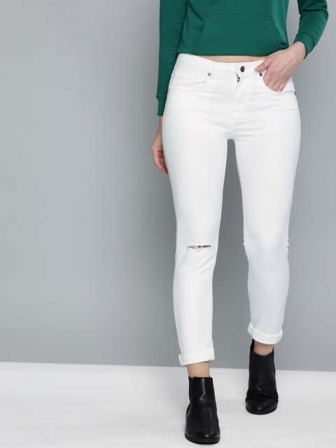 

HERE&NOW Women White Skinny Fit High-Rise Slash Knee Stretchable Jeans