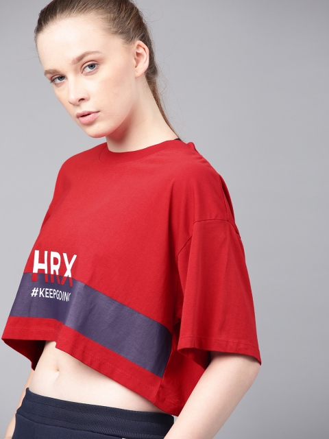 

HRX by Hrithik Roshan Women Red Printed Boxy Pure Cotton Top