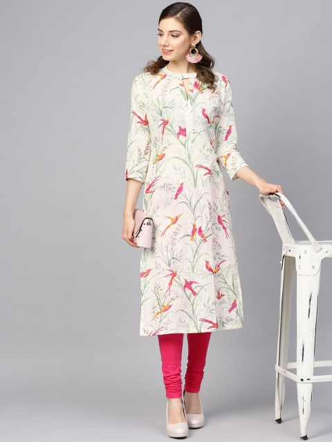 

AHIKA Women Off-White & Pink Quirky Printed Straight Kurta