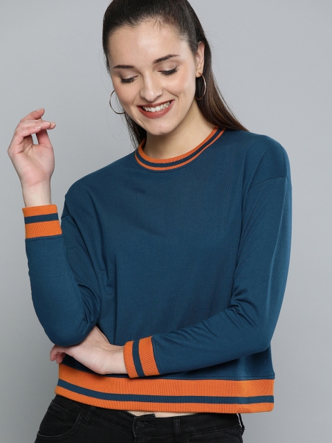 

HERE&NOW Women Teal Blue Solid Crop Sweatshirt