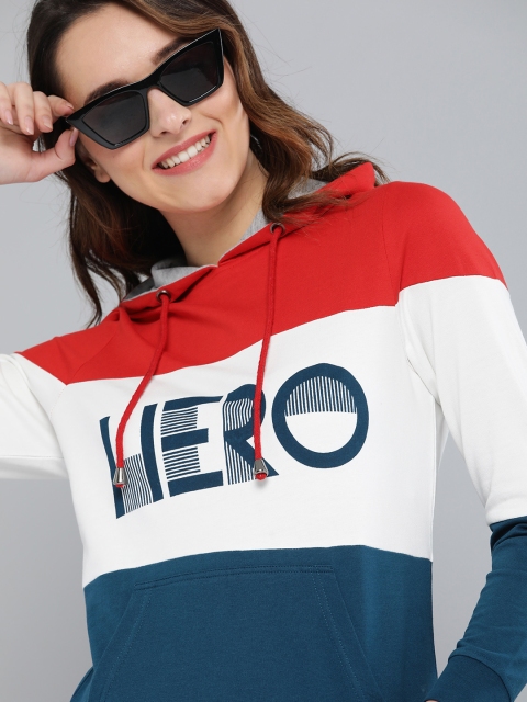 

HERE&NOW Women Navy Blue & White Colourblocked Hooded Sweatshirt