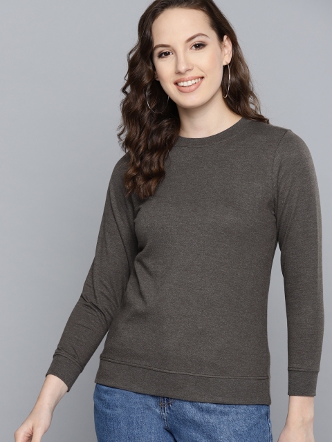 

HERE&NOW Women Charcoal Grey Solid Sweatshirt