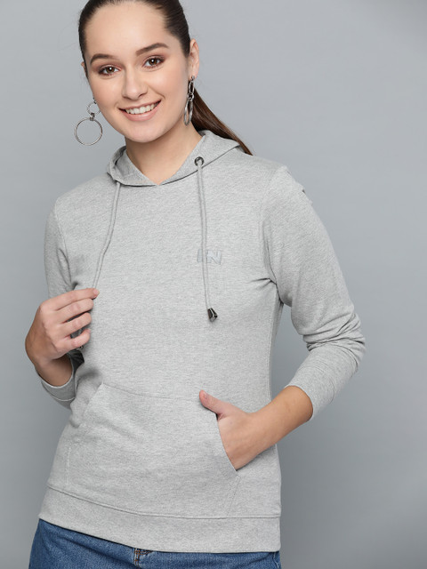 

HERE&NOW Women Grey Melange Solid Hooded Sweatshirt
