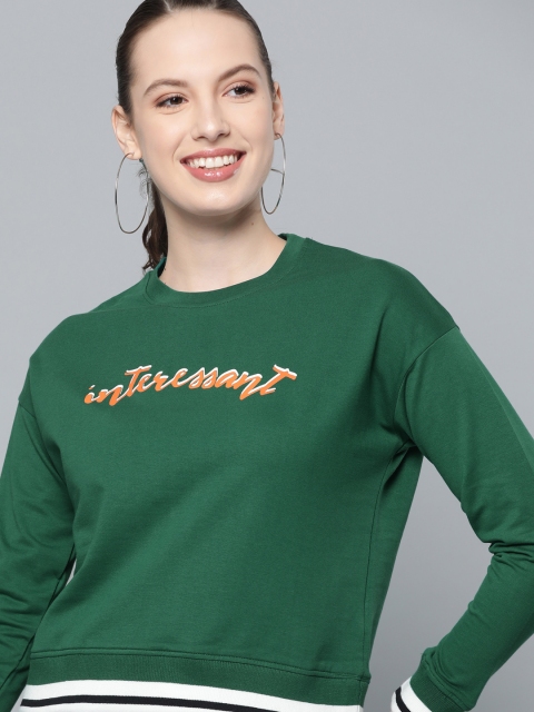 

HERE&NOW Women Green Solid Sweatshirt
