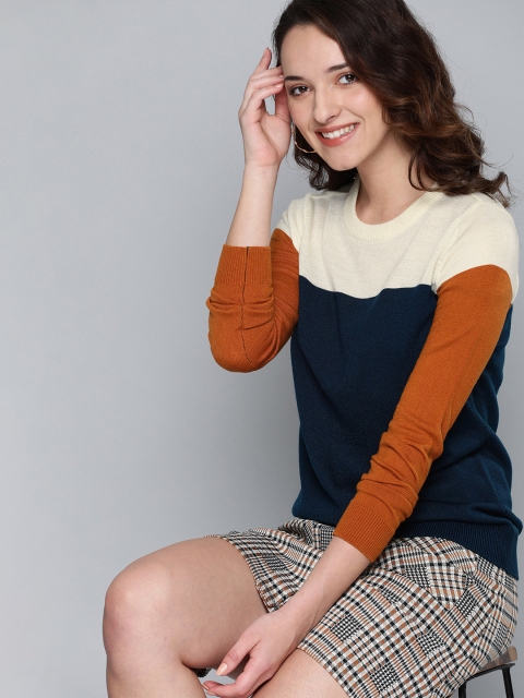

HERE&NOW Women Navy Blue & Off-White Colourblocked Sweater