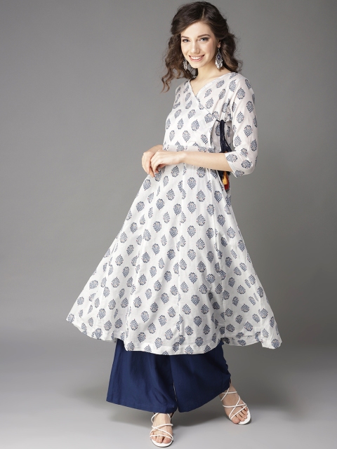 

HERE&NOW Women White & Navy Blue Printed Angrakha A-Line Kurta