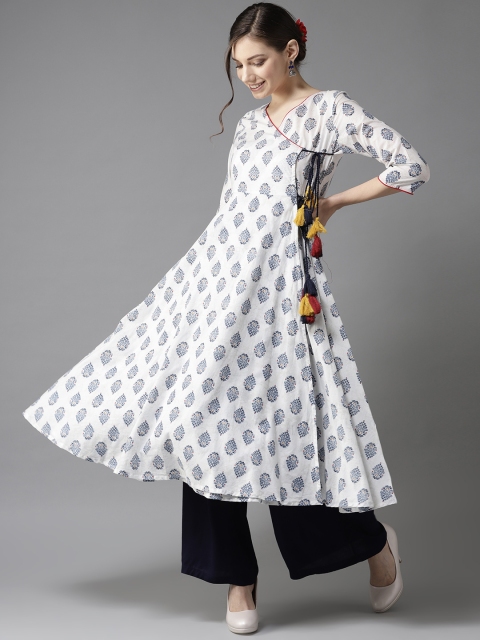 

HERE&NOW Women Off-White & Navy Blue Printed A-Line Angrakha Kurta